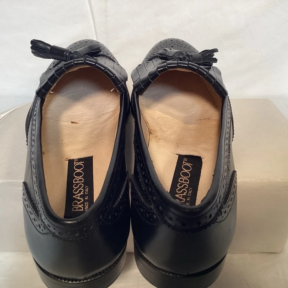 Brass Boot Vintage Italian Made Men's Black Leather Wingtip Tassel Loafers 8 1/2